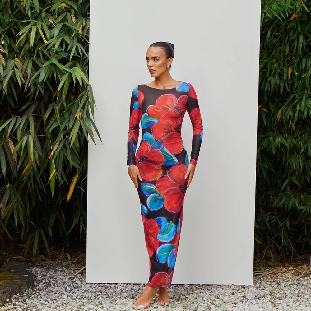 Murci red floral mesh maxi dress